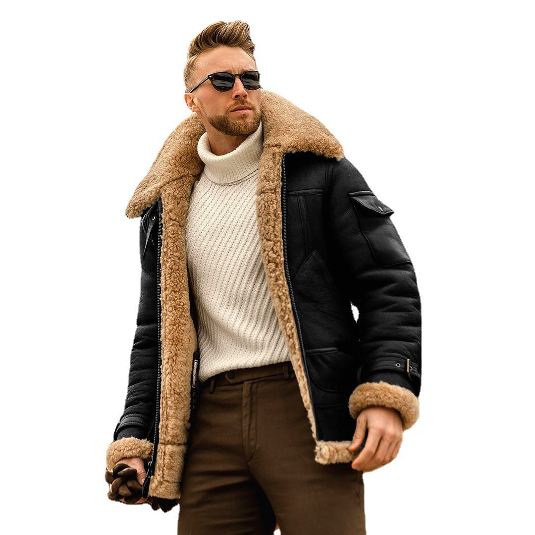 Leather and Fur Integrated Men's Jacket Thickened Mid Length