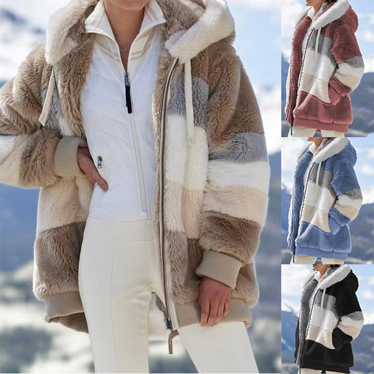 Ultra-Fluffy Warm Plush Panel Zipper Pocket Hooded Loose Coat for Women
