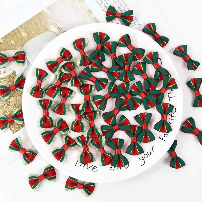 30Pcs Christmas Bows Decorations Red Green Bowknot Christmas Tree Hanging Ornaments New Year Xmas Party Decor