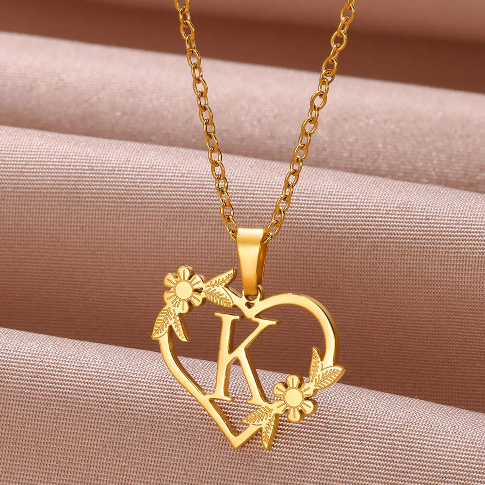 Gold Dainty Flower Initials Stainless Steel Necklace