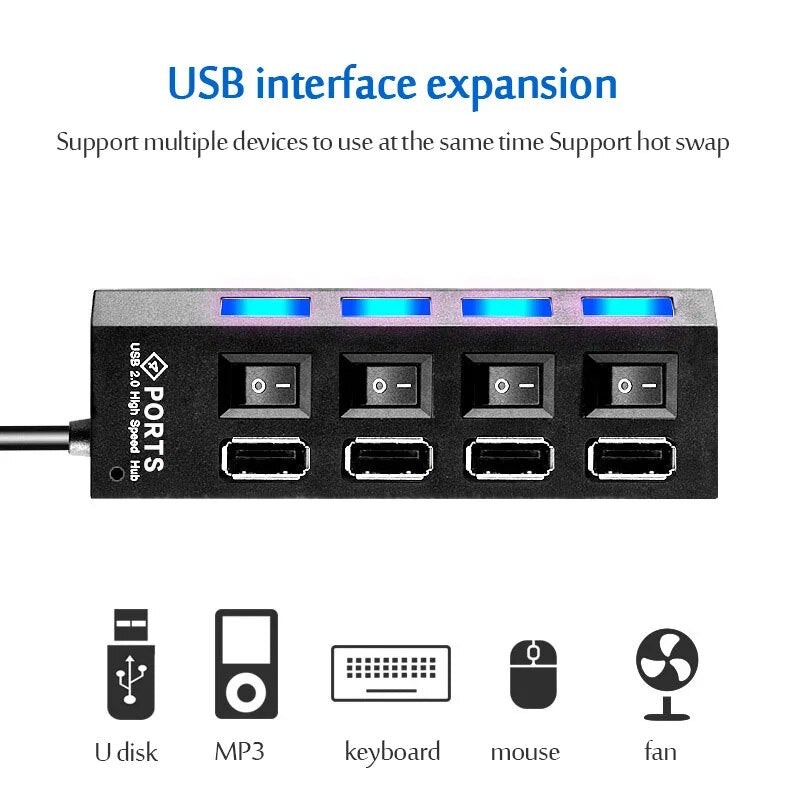 4/7 Port USB 2.0 Multi USB Splitter Hub USB Hub 2.0 Power Adapter Multiple Expander Switch 30CM Cable