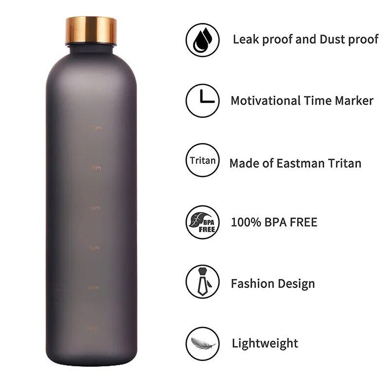 1L Bottle With Time Marker 32 OZ Motivational Reusable Fitness Sports Outdoors Travel Leakproof BPA Free Frosted Plastic Drinking Bottle