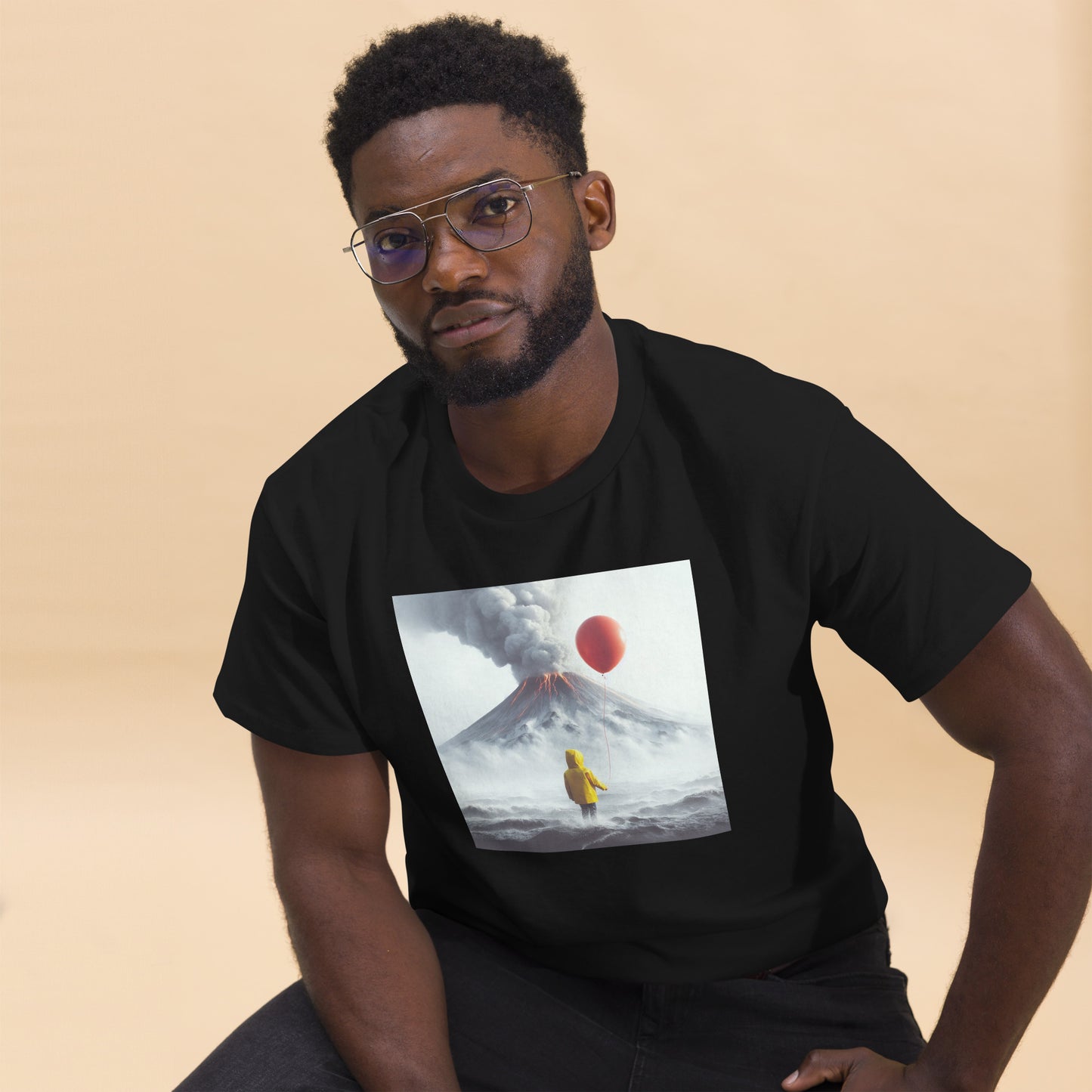 A Boy Wearing A Yellow Raincoat Holding A Red Balloon Looking Into A Smokey Volcano Men's Classic T-Shirt