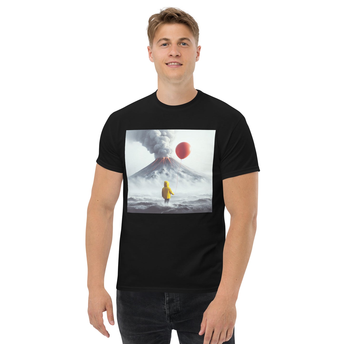 A Boy Wearing A Yellow Raincoat Holding A Red Balloon Looking Into A Smokey Volcano Men's Classic T-Shirt