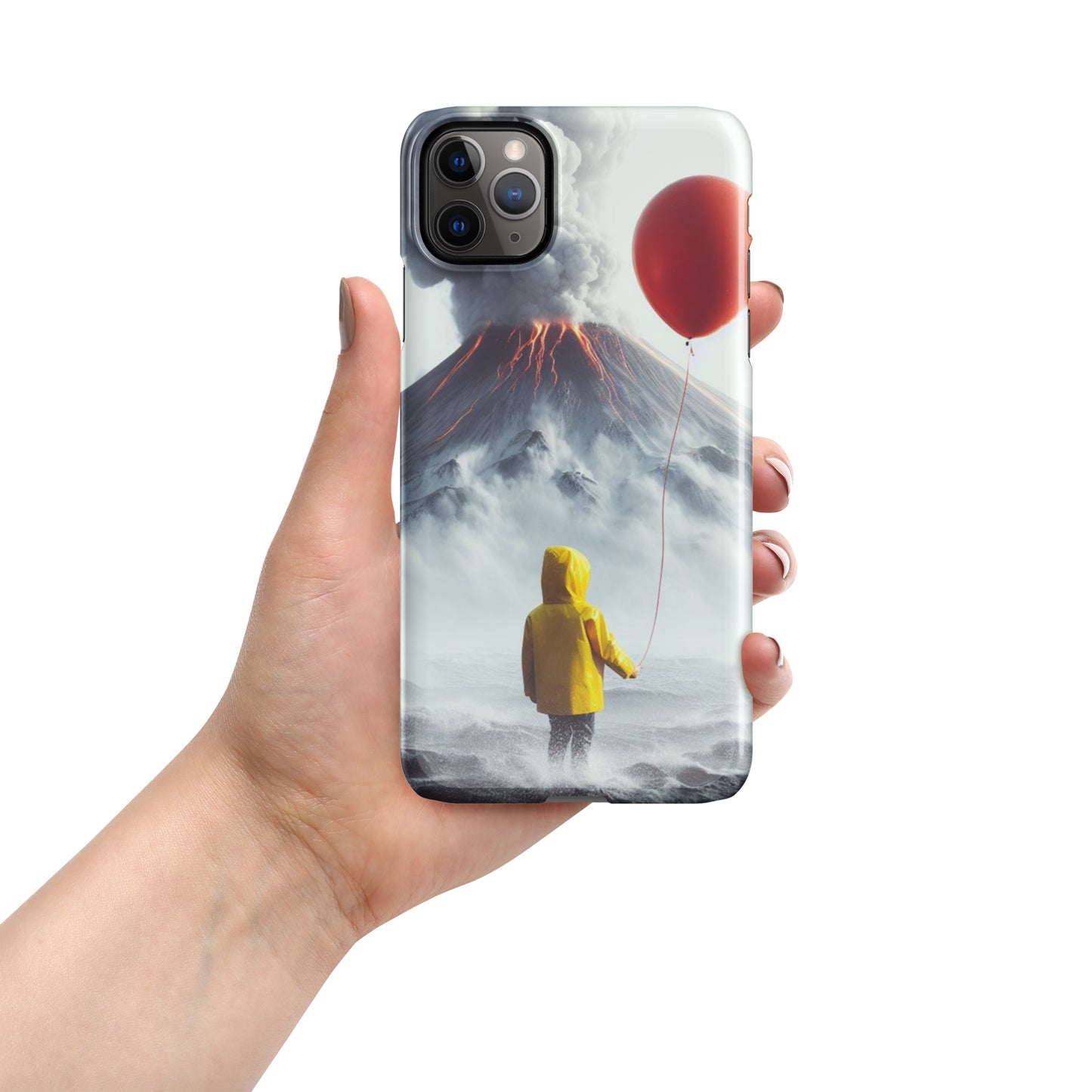 A Boy Wearing A Yellow Rain Coat Holding A Red Balloon Looking Into A Smokey Volcano Snap case for iPhone®