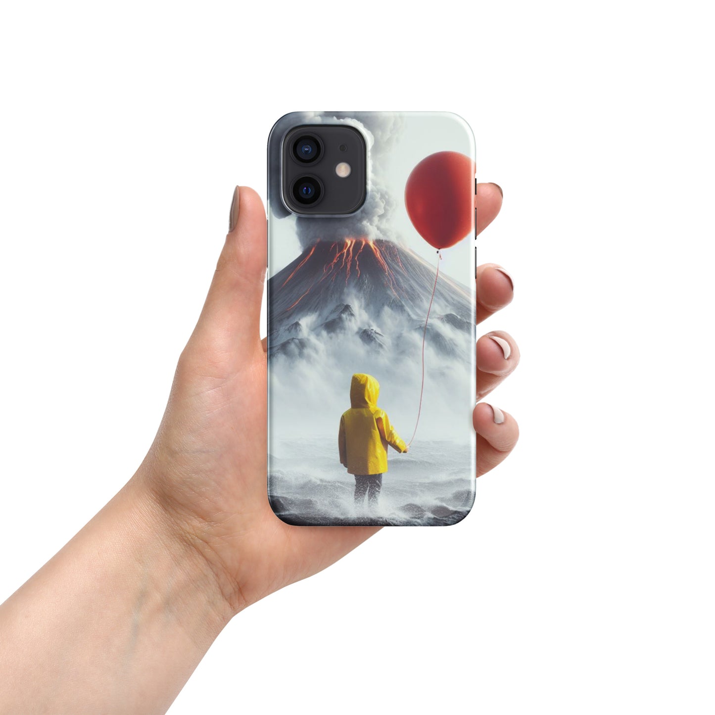 A Boy Wearing A Yellow Rain Coat Holding A Red Balloon Looking Into A Smokey Volcano Snap case for iPhone®