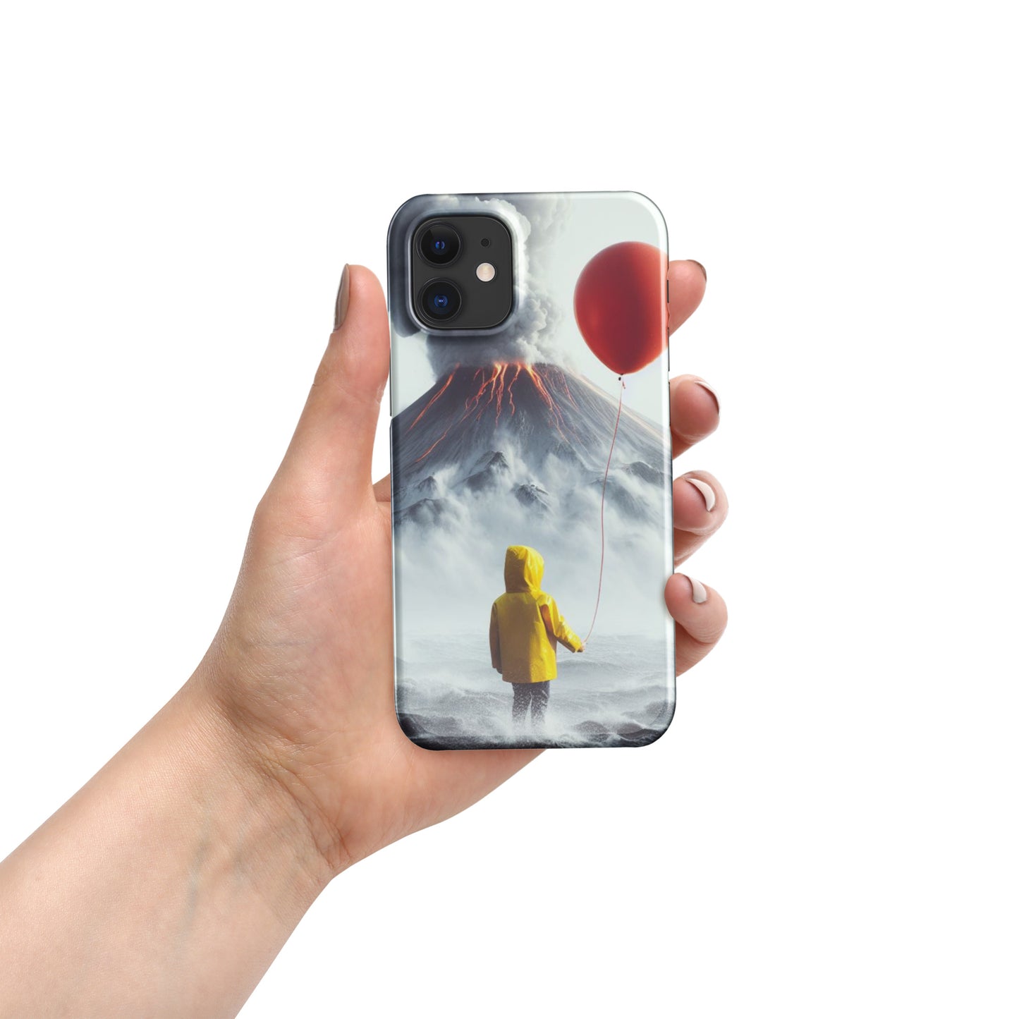 A Boy Wearing A Yellow Rain Coat Holding A Red Balloon Looking Into A Smokey Volcano Snap case for iPhone®