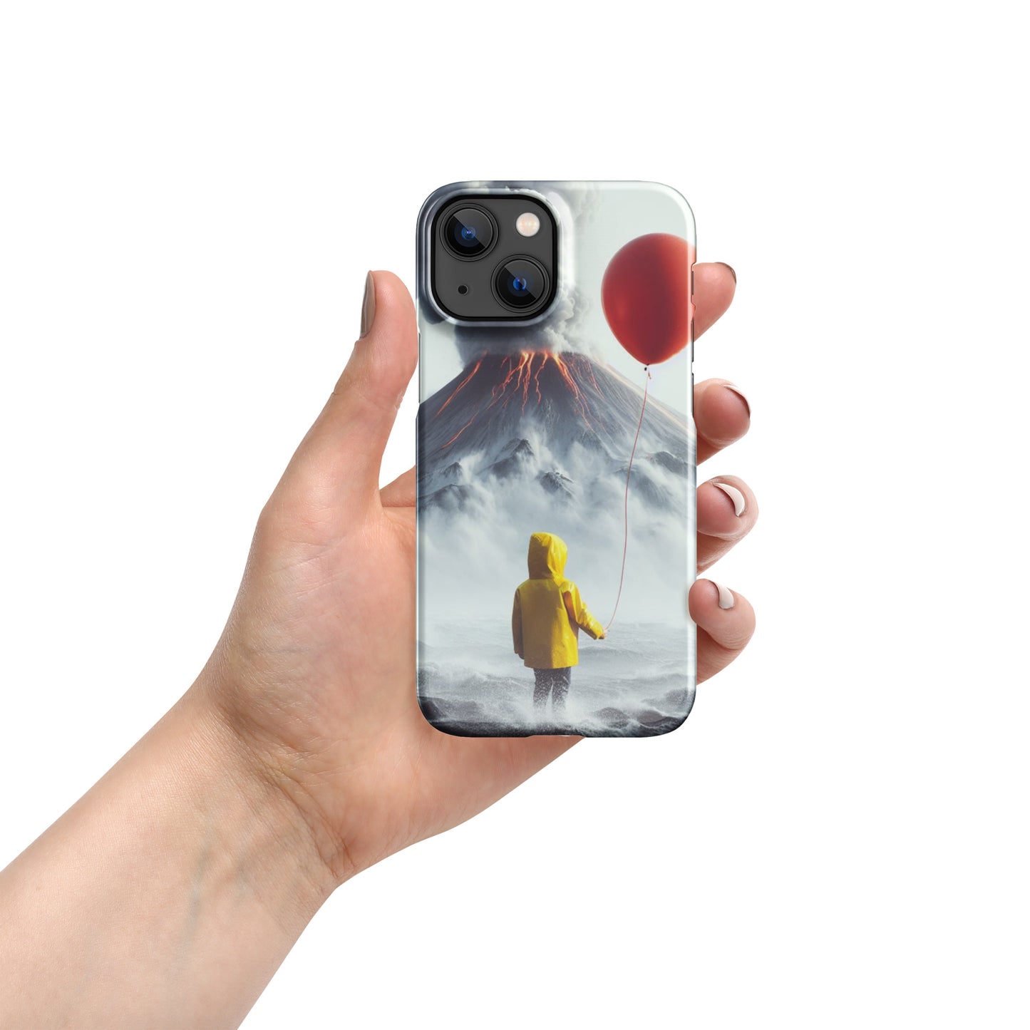 A Boy Wearing A Yellow Rain Coat Holding A Red Balloon Looking Into A Smokey Volcano Snap case for iPhone®