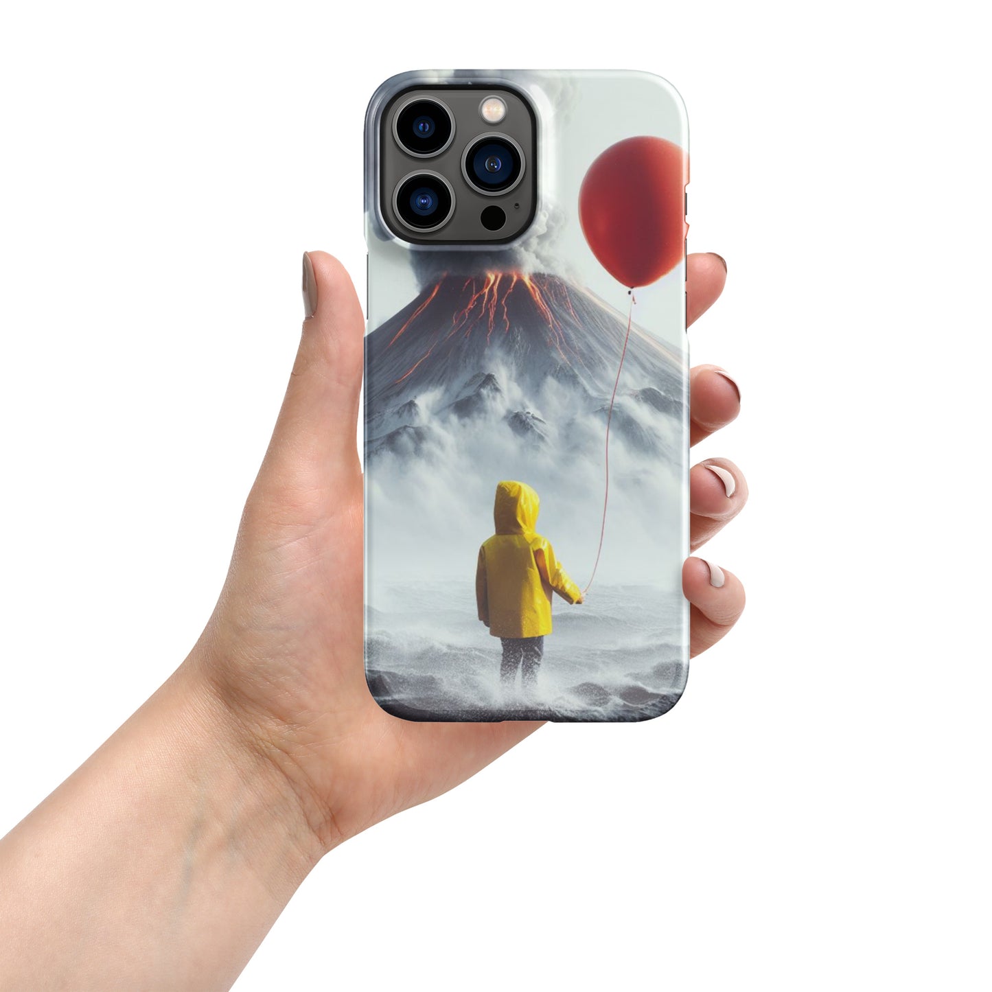 A Boy Wearing A Yellow Rain Coat Holding A Red Balloon Looking Into A Smokey Volcano Snap case for iPhone®