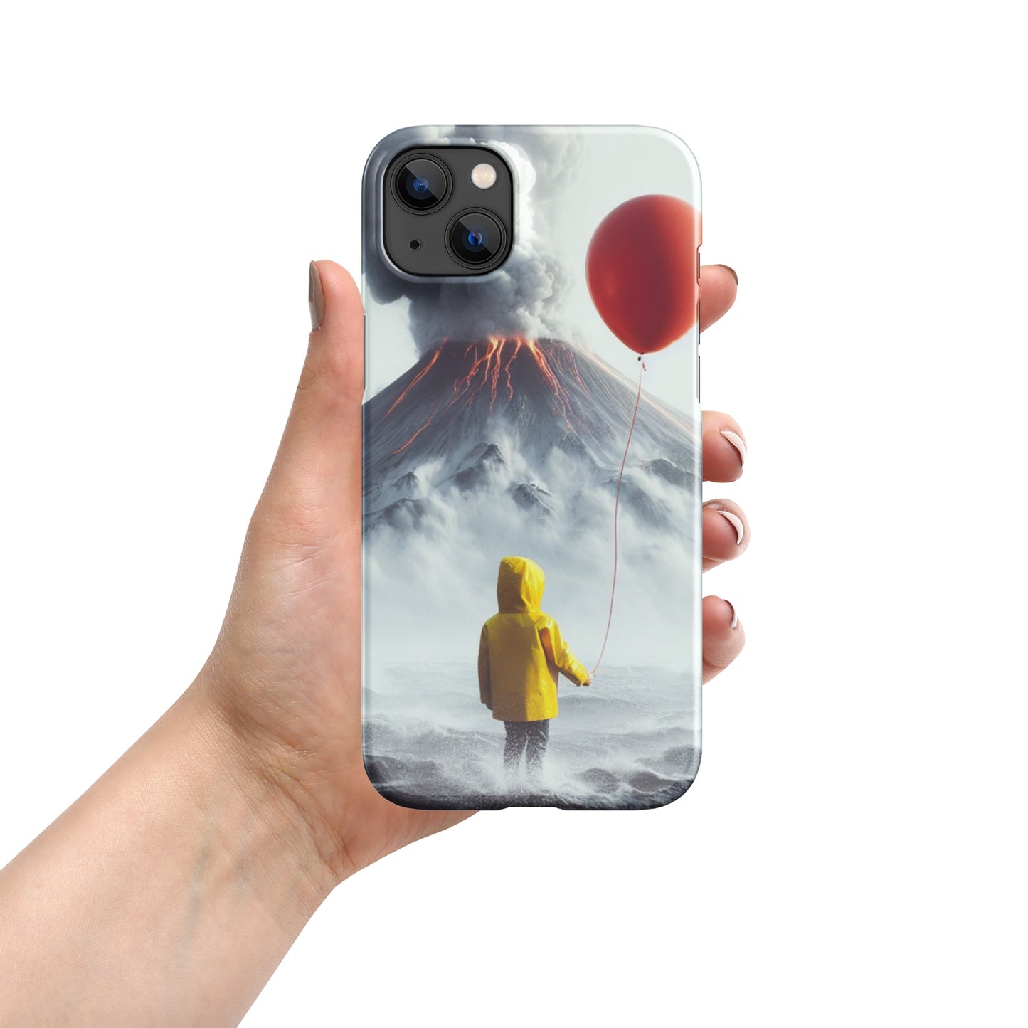 A Boy Wearing A Yellow Rain Coat Holding A Red Balloon Looking Into A Smokey Volcano Snap case for iPhone®