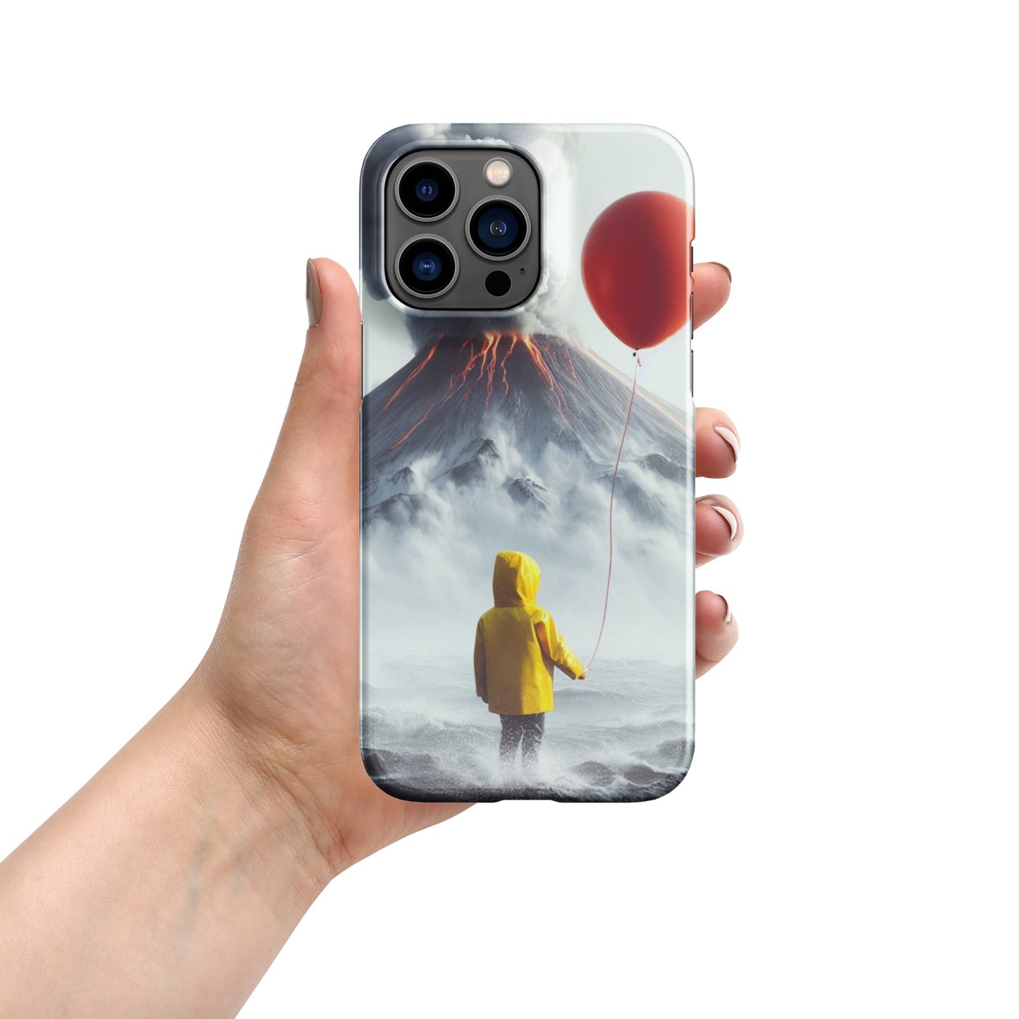 A Boy Wearing A Yellow Rain Coat Holding A Red Balloon Looking Into A Smokey Volcano Snap case for iPhone®