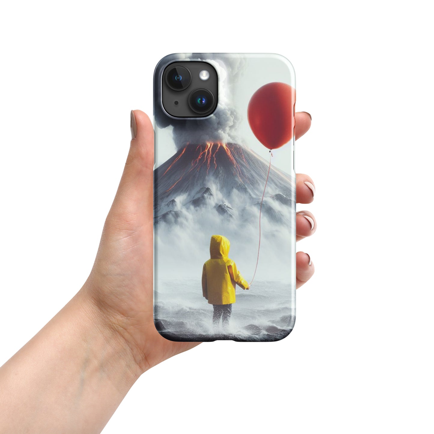 A Boy Wearing A Yellow Rain Coat Holding A Red Balloon Looking Into A Smokey Volcano Snap case for iPhone®
