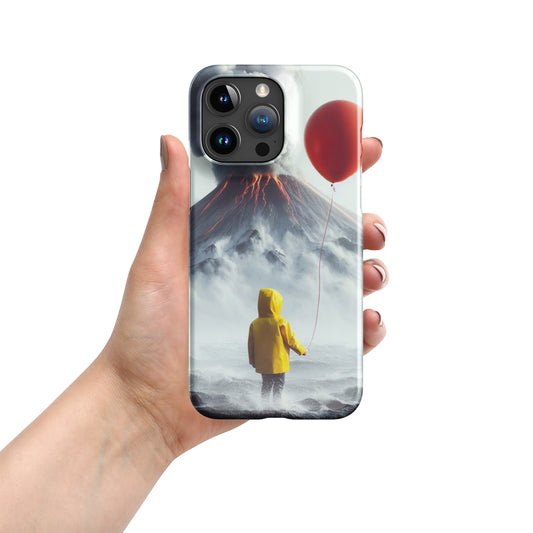 A Boy Wearing A Yellow Rain Coat Holding A Red Balloon Looking Into A Smokey Volcano Snap case for iPhone®