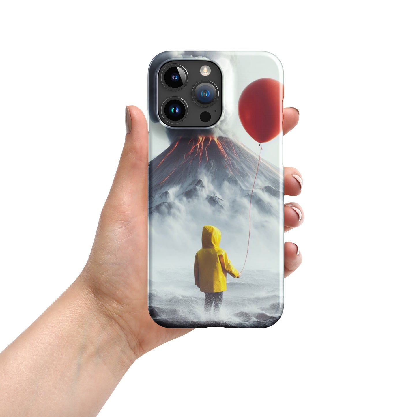 A Boy Wearing A Yellow Rain Coat Holding A Red Balloon Looking Into A Smokey Volcano Snap case for iPhone®