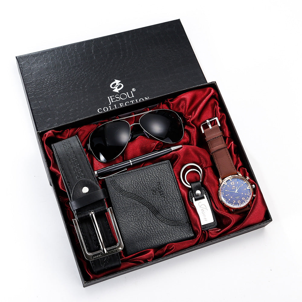 6 Piece Mens Gift Set Glasses Belt Wallet Keychain Large Surface Quartz Watch Pen