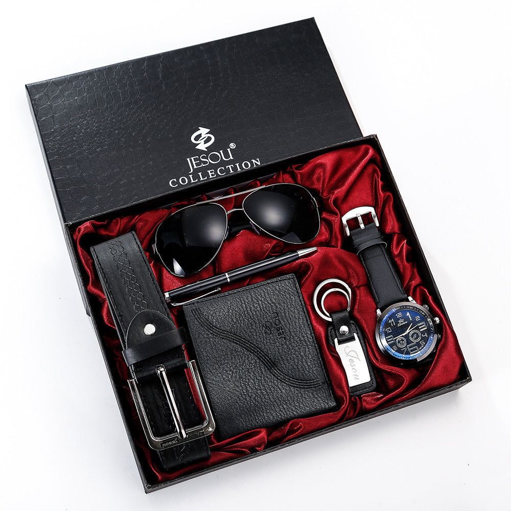 6 Piece Mens Gift Set Glasses Belt Wallet Keychain Large Surface Quartz Watch Pen