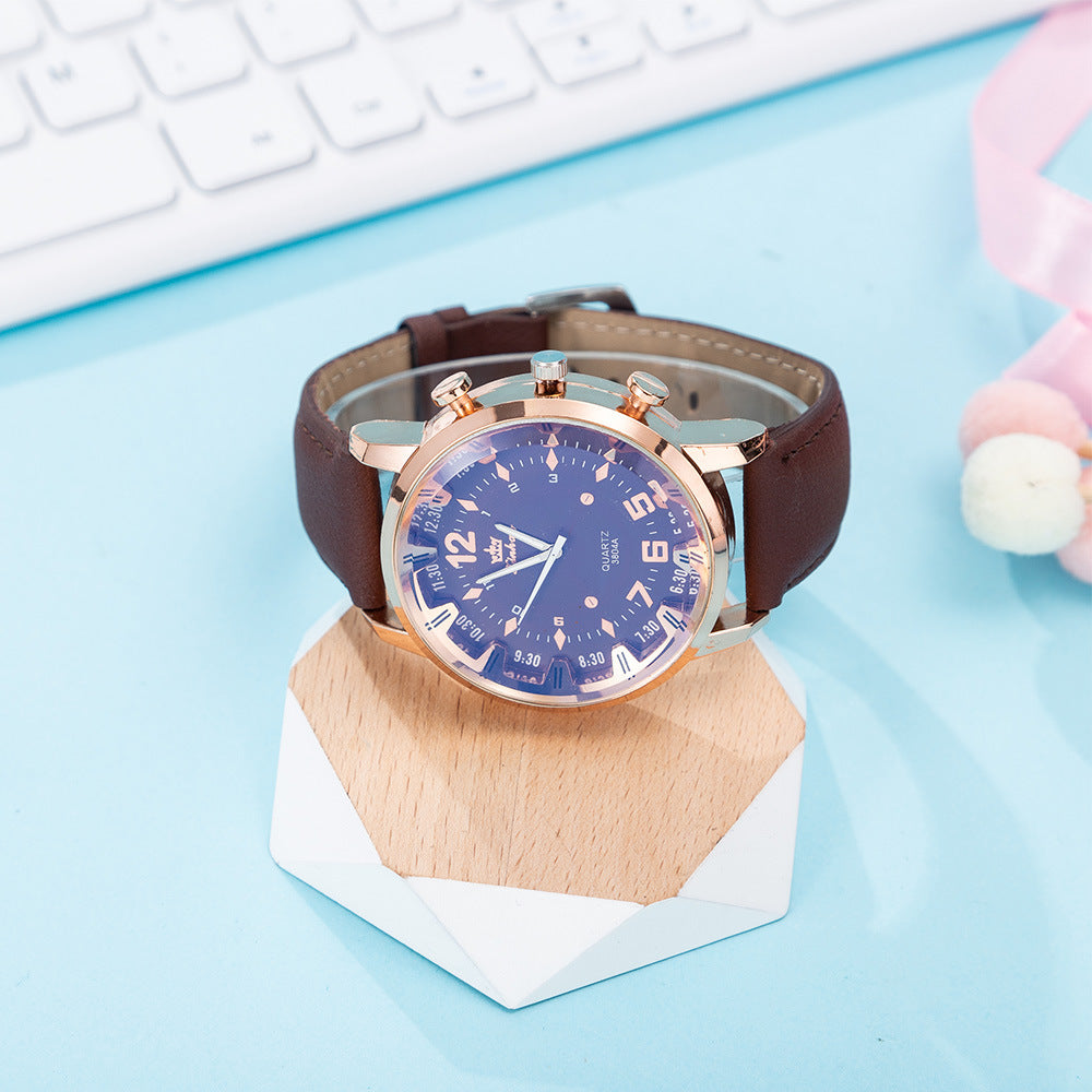 6 Piece Mens Gift Set Glasses Belt Wallet Keychain Large Surface Quartz Watch Pen