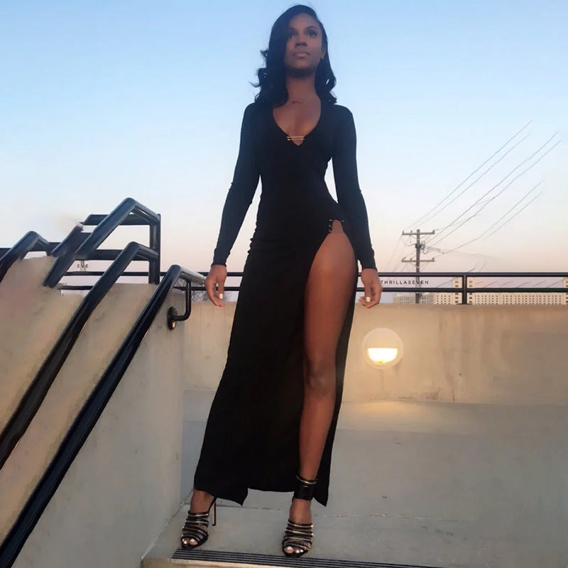 2023 solid color slim long-sleeved high slit pin dress