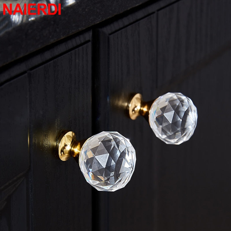 NAIERDI 20mm/30mm/40mm Round Diamond Crystal Glass Knobs
