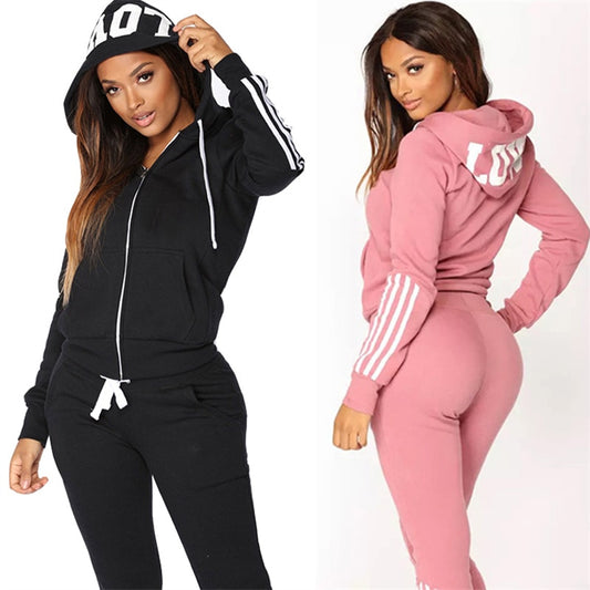 Fashion Women Pink Sweatshirt Suit Women's Hoodie 2 Piece Suit Love Print Slim Body Hoodie Suit Sports Running Hoodie Suit