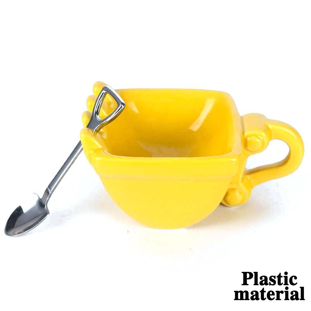 3D Yellow Excavator Bucket Model Cafe Coffee Mug With Spade Shovel Spoon