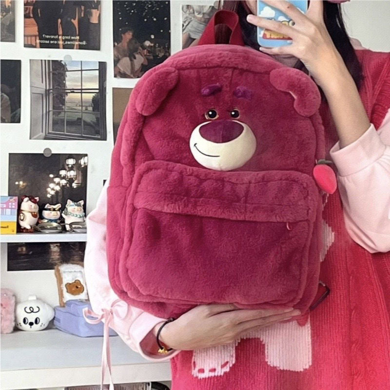 New strawberry bear three-dimensional funny schoolbag heart cute plush schoolbag backpack