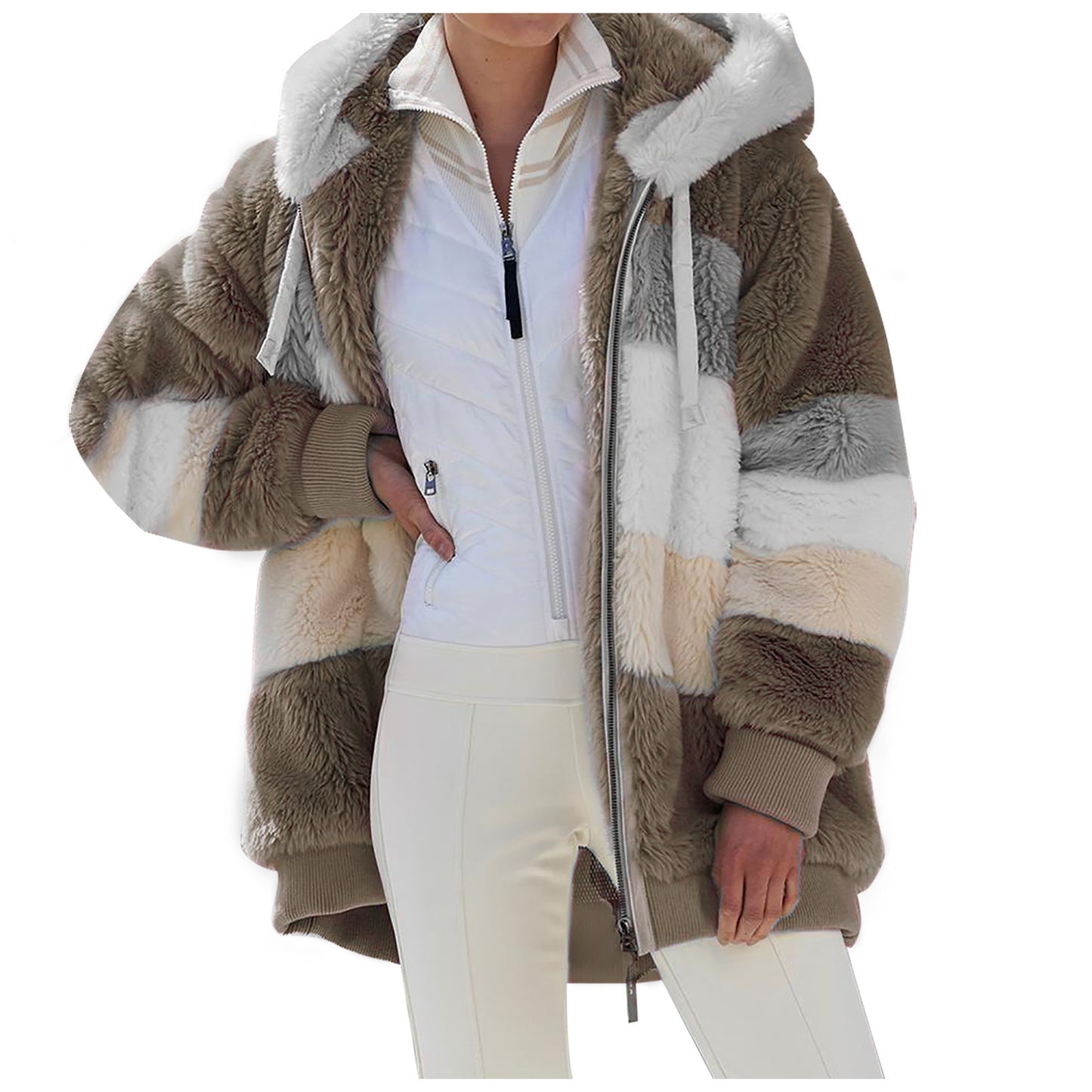 Ultra-Fluffy Warm Plush Panel Zipper Pocket Hooded Loose Coat for Women