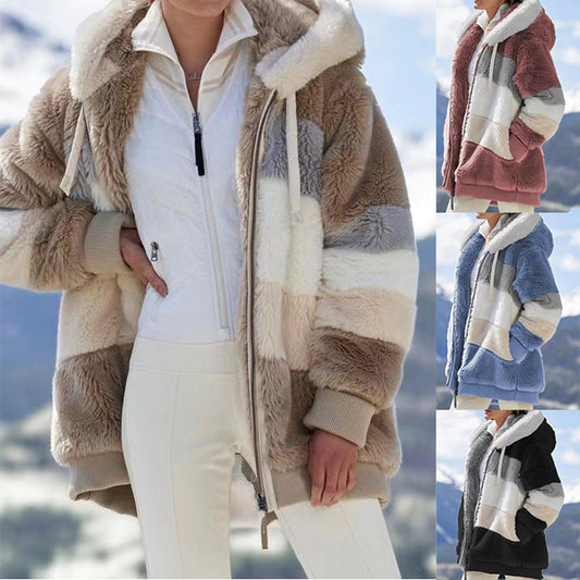 Ultra-Fluffy Warm Plush Panel Zipper Pocket Hooded Loose Coat for Women
