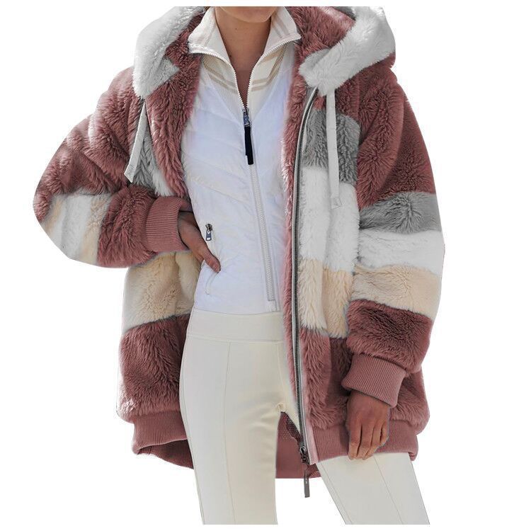 Ultra-Fluffy Warm Plush Panel Zipper Pocket Hooded Loose Coat for Women