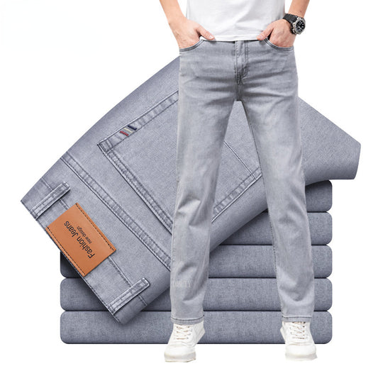 2023 Straight Lightweight Cotton Stretch Denim Men's Casual High Waist Thin Light Grey Jeans