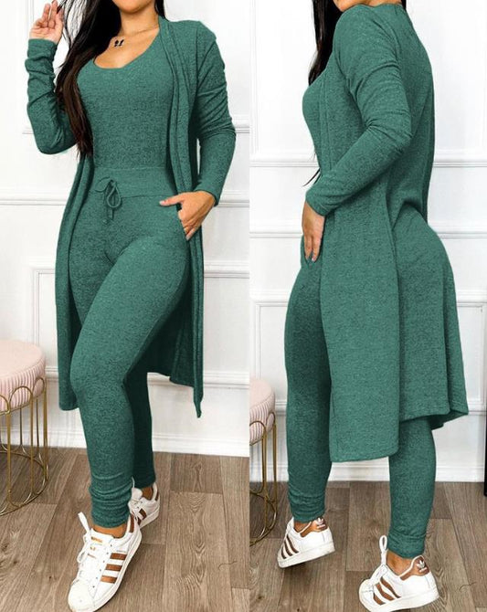 Two Piece Set Women Outfit 2023 Fashion Drawstring Pocket Design U-Neck Sleeveless Skinny Jumpsuit & Long Sleeve Coat Set
