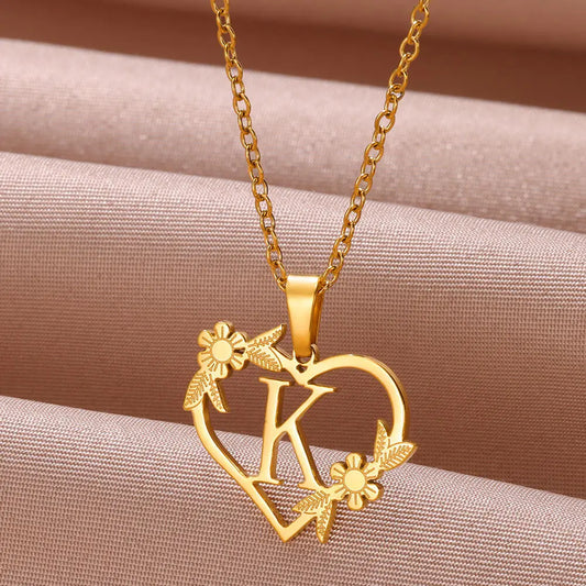 Gold Dainty Flower Initials Stainless Steel Necklace