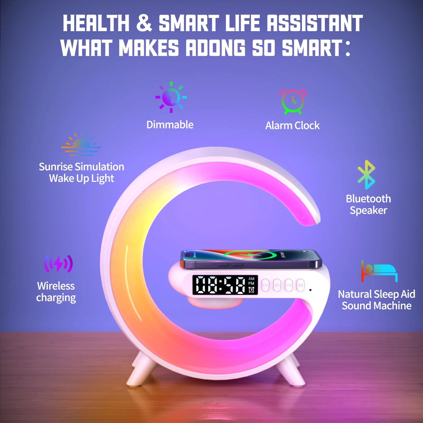 15W Wireless Charger Stand RGB Night Light Bluetooth Speaker Handsfree Call Alarm TF Fast Charging Station for iPhone Samsung