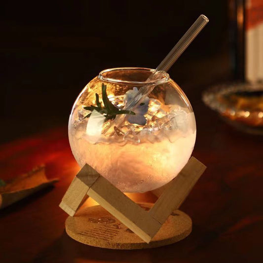 Clear Moon Cocktail Glass With Glass Straw With Or Without Wood Stand