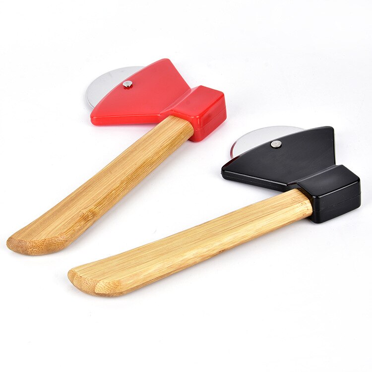 20CM Axe Bamboo Handle Pizza Cutter Rotating Blade Home Kitchen Cutting Tool