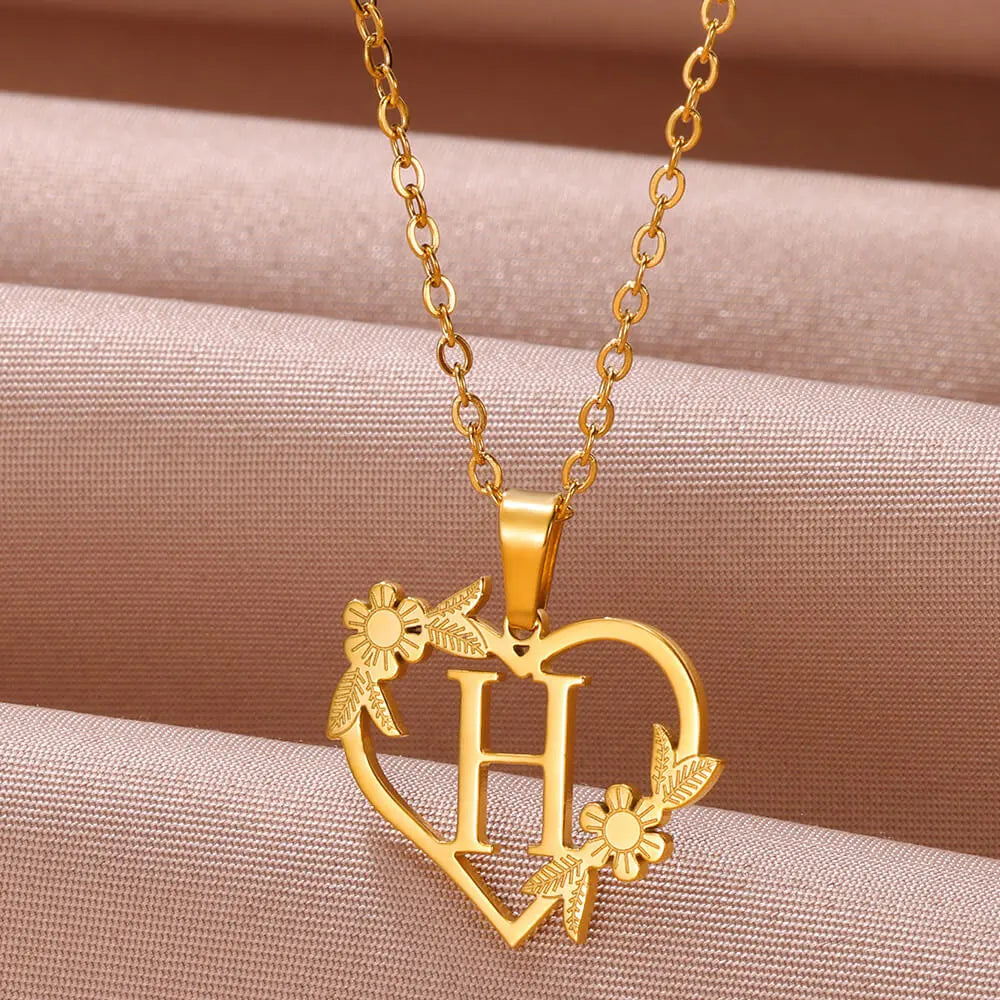 Gold Dainty Flower Initials Stainless Steel Necklace