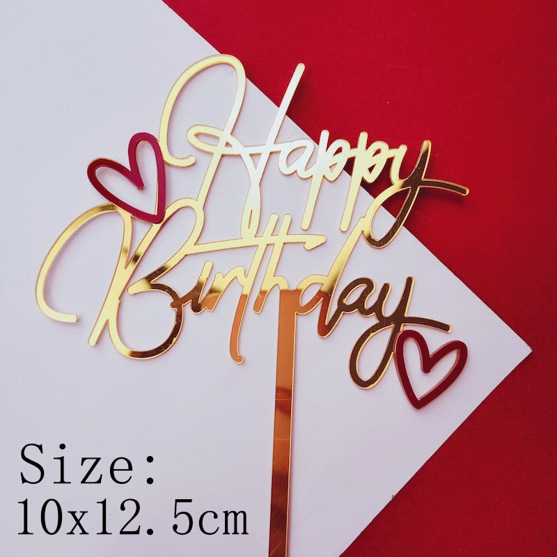 Acrylic Double Layer Happy Art Font Red Small Love Heart Cake Topper  Birthday Party Dessert Decoration for Baby Shower Supplies Various Designs
