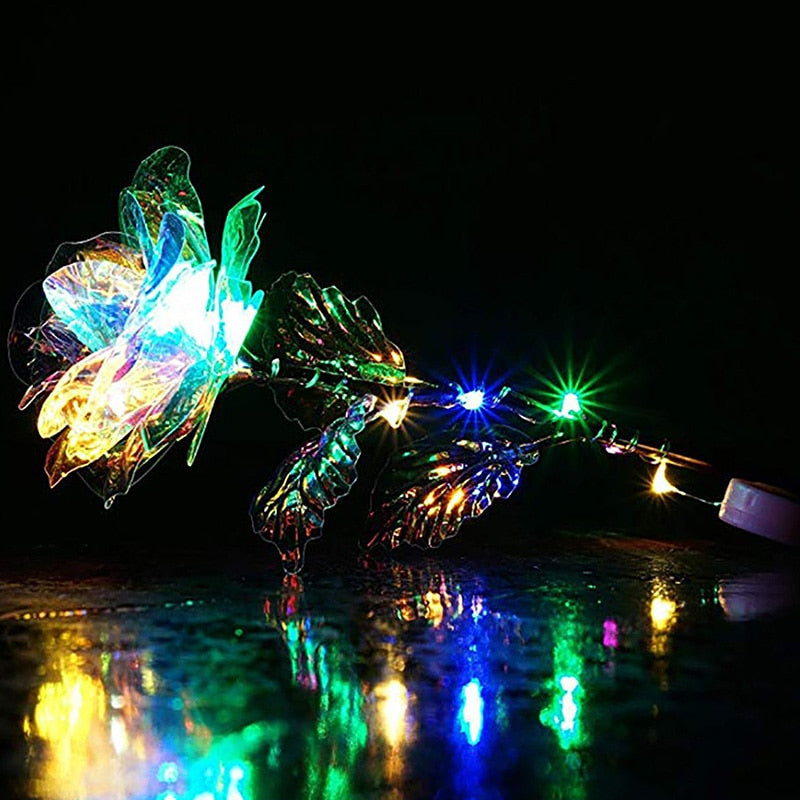 5-10PCS 24K Rose Gold Crystal Artificial Illuminous Rose Flower