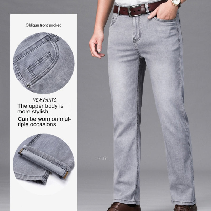2023 Straight Lightweight Cotton Stretch Denim Men's Casual High Waist Thin Light Grey Jeans