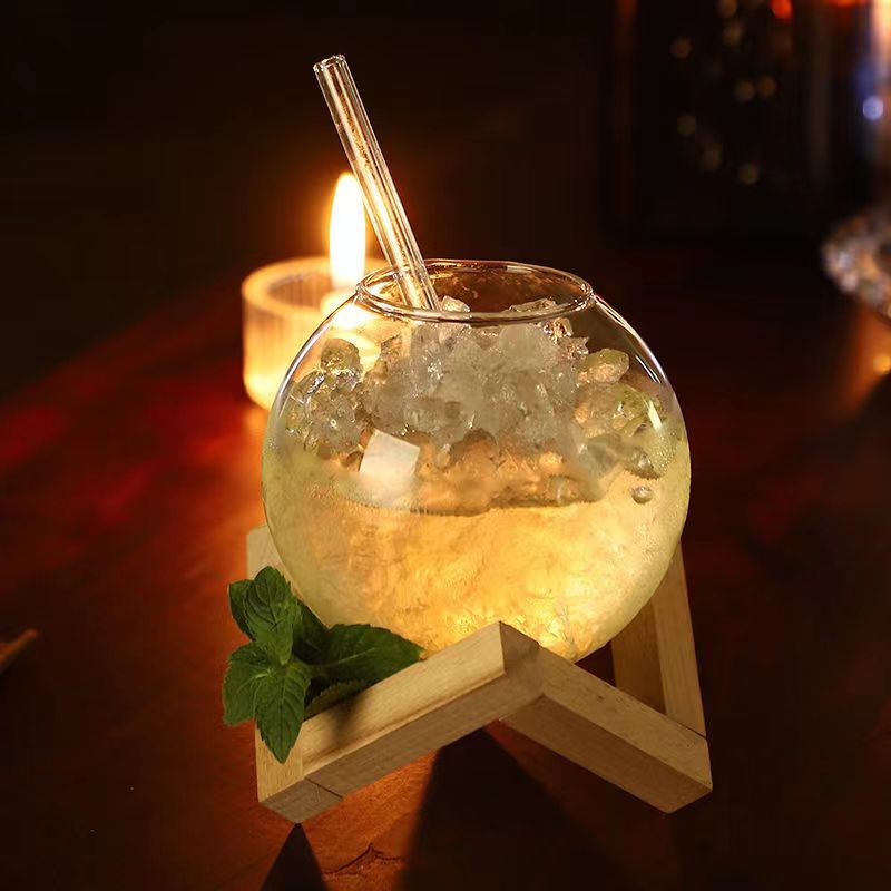 Clear Moon Cocktail Glass With Glass Straw With Or Without Wood Stand