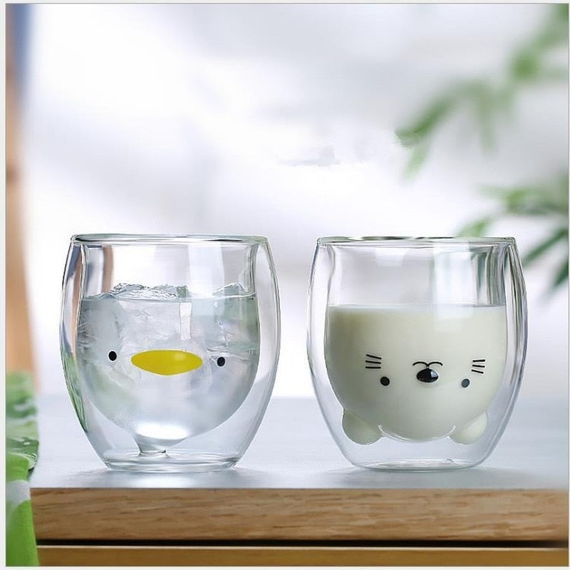 Creative Cute Bear Double-layer Coffee Mug Double Glass Cup Carton Animal Milk Glass Lady Cute Cat Duck Dog Gift Christmas Gift