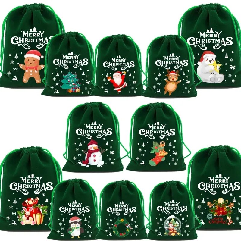 New Year Christmas Velvet Bags 9x12 10x16 15x20cm Drawstring Pouch Xmas Candy Gift Bag Party Favors Packaging Santa Claus Bags Various Designs