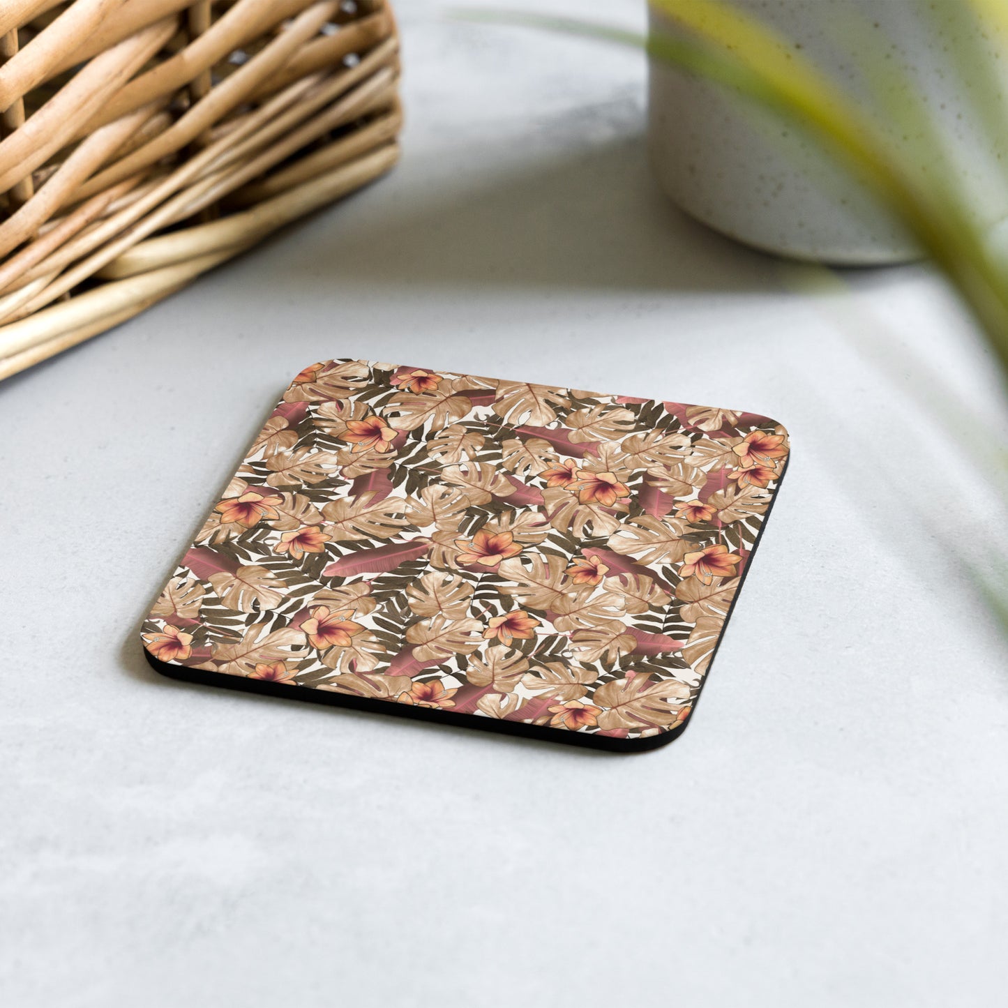 Orange-Floral Cork-back coaster