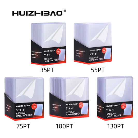 Top Loader Protector Holders for your valuable trading cards. Includes sizes 35pt, 55pt, 75pt, 100pt, 130pt, 180pt, 260pt, and 360pt. Keep your cards safe and organized with this complete set.