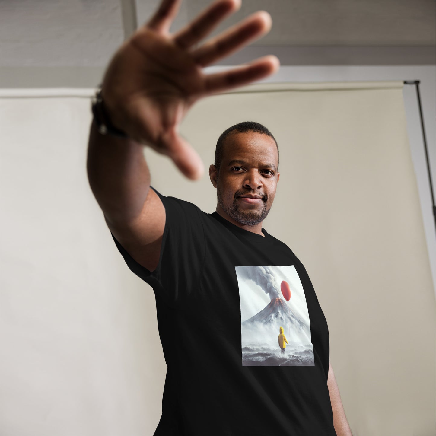 A Boy Wearing A Yellow Raincoat Holding A Red Balloon Looking Into A Smokey Volcano Men's Classic T-Shirt