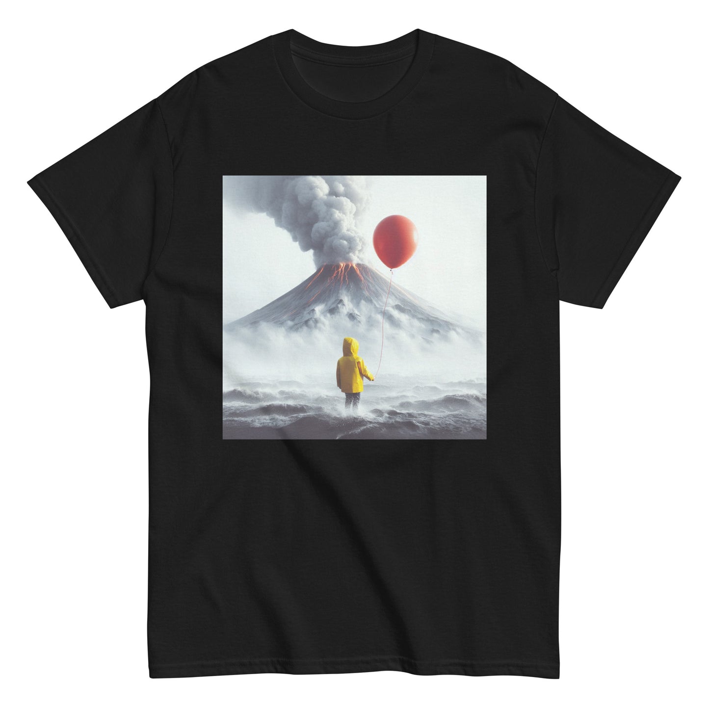A Boy Wearing A Yellow Raincoat Holding A Red Balloon Looking Into A Smokey Volcano Men's Classic T-Shirt