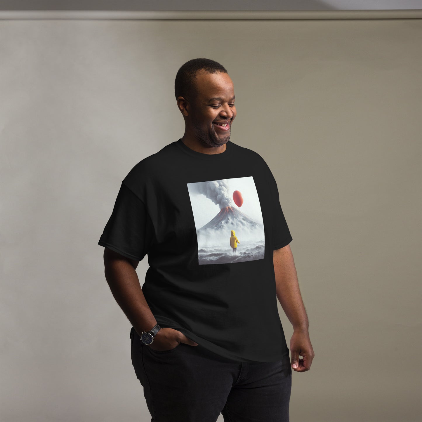 A Boy Wearing A Yellow Raincoat Holding A Red Balloon Looking Into A Smokey Volcano Men's Classic T-Shirt