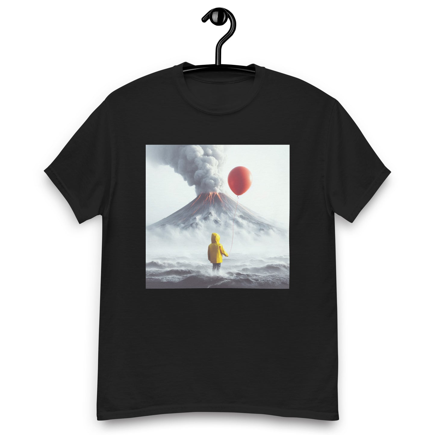 A Boy Wearing A Yellow Raincoat Holding A Red Balloon Looking Into A Smokey Volcano Men's Classic T-Shirt