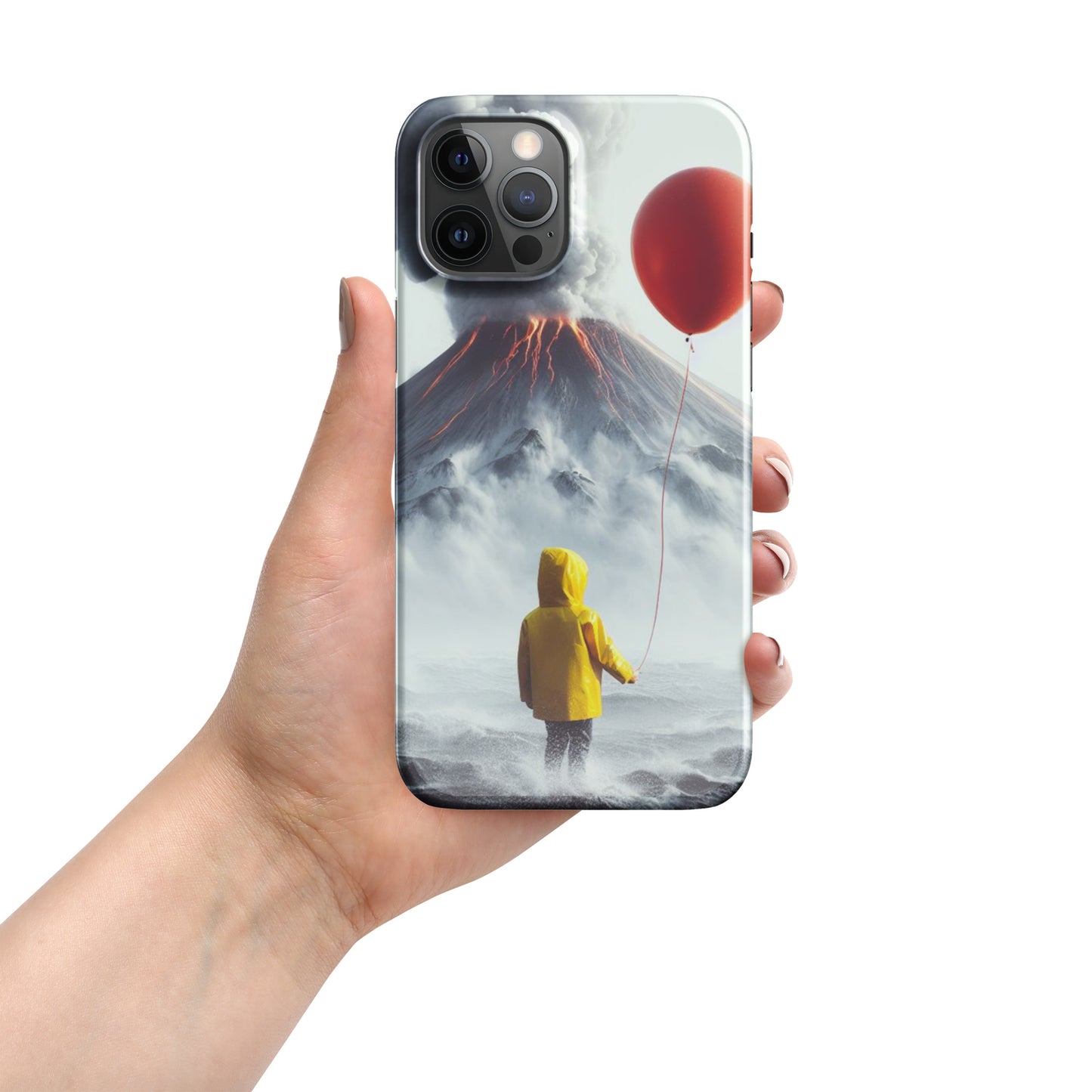 A Boy Wearing A Yellow Rain Coat Holding A Red Balloon Looking Into A Smokey Volcano Snap case for iPhone®
