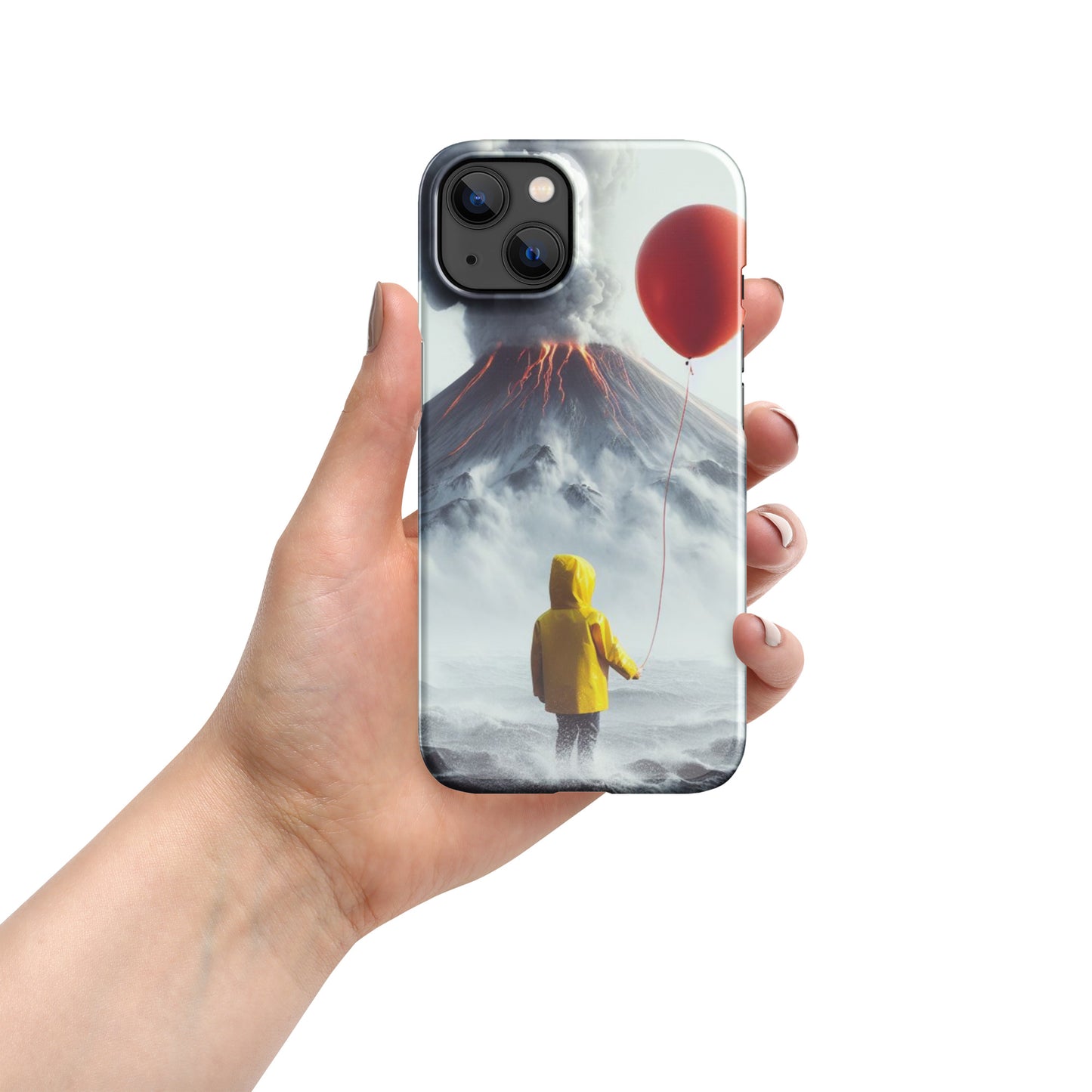A Boy Wearing A Yellow Rain Coat Holding A Red Balloon Looking Into A Smokey Volcano Snap case for iPhone®